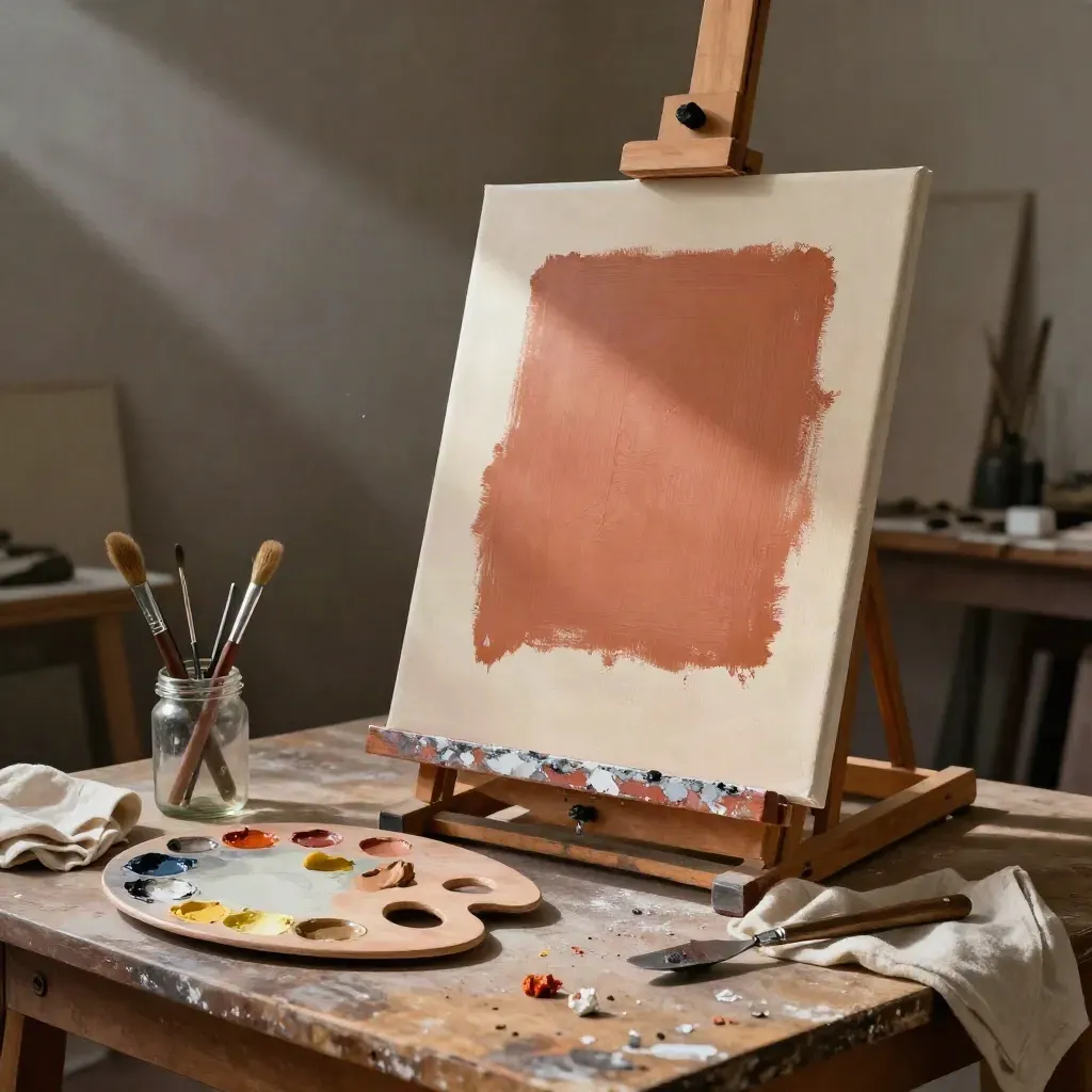 Bastidor con pintura inicial, paleta, pinceles y herramientas en un taller de arte.