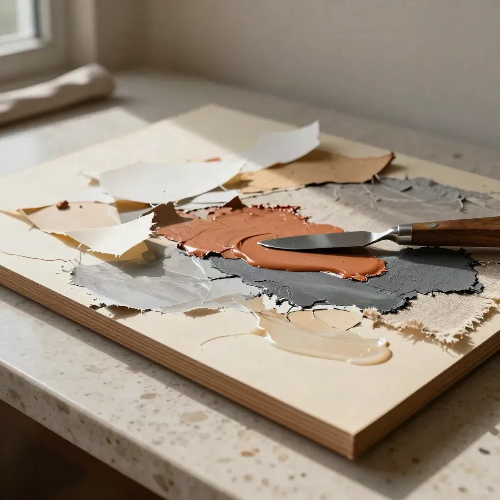 Collage mixta en proceso de secado sobre mesa de travertino, con papeles y texturas levantándose.