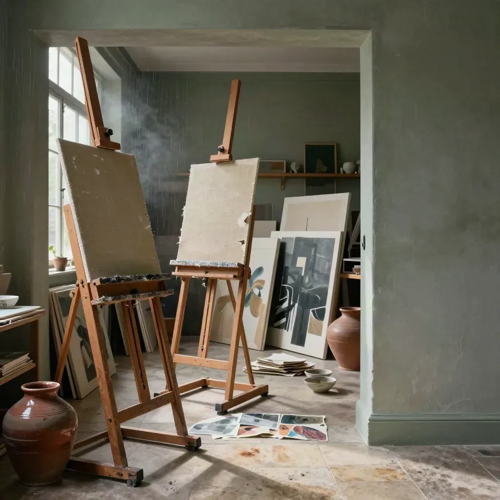 Interior dramático de un taller de arte con caballetes, lienzos, pinceles y luz de tarde