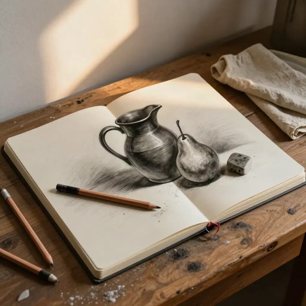 Cuaderno de dibujo con bodegón en grafito, lápices de carbón y goma amasable sobre mesa de estudio.