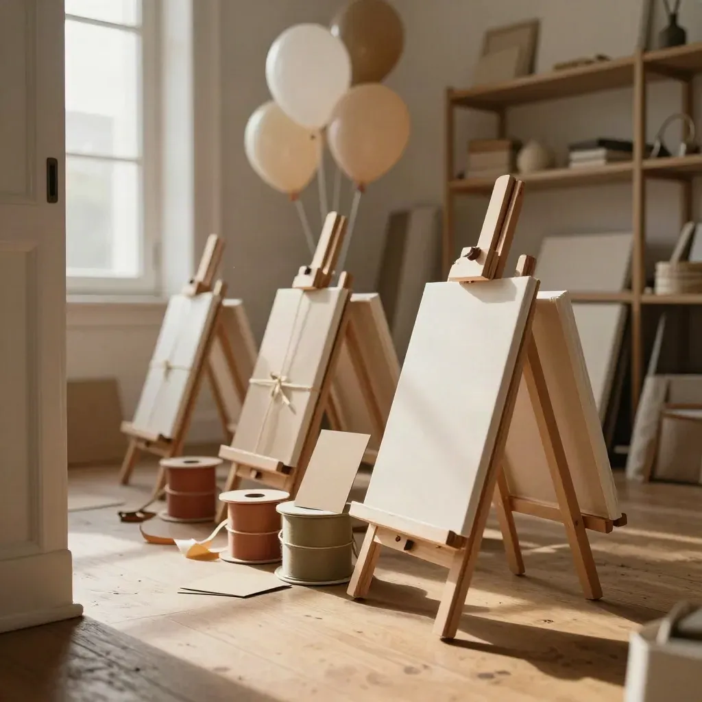 Rincón de estudio de arte preparado para un evento, con mini caballetes, cintas y tarjetas kraft.