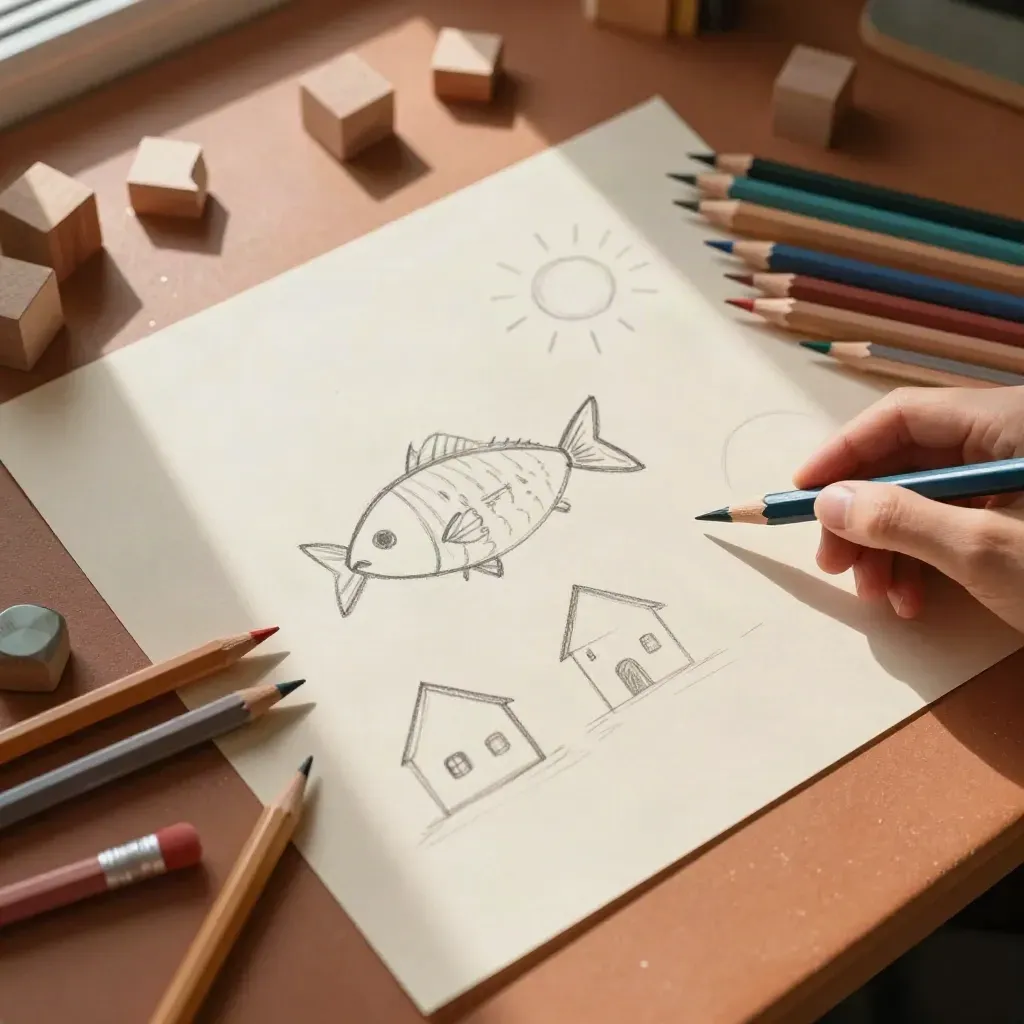 Lápices de colores, gomas y bloques con un dibujo infantil de pez, casa y sol sobre papel grande.