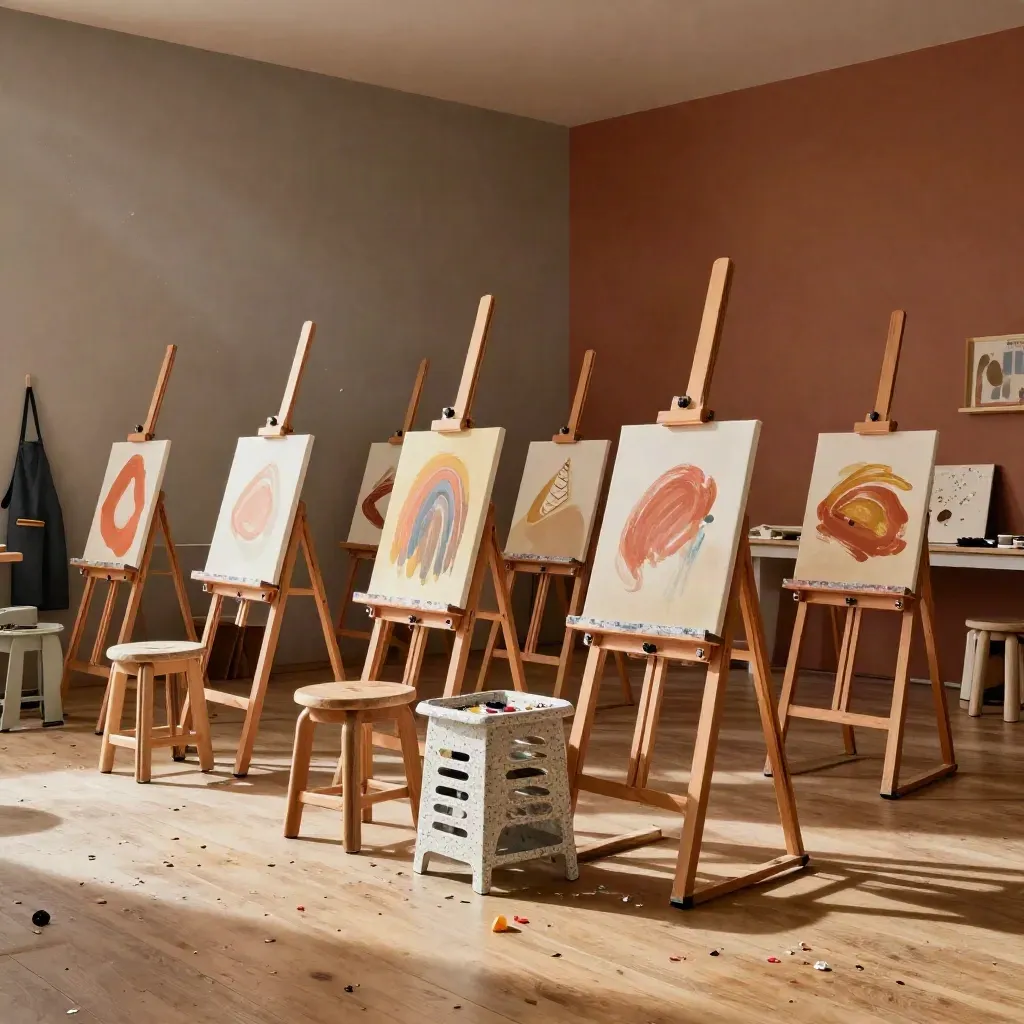 Aula de taller infantil de arte en Valencia con caballetes, lienzos secándose y confeti de papel.