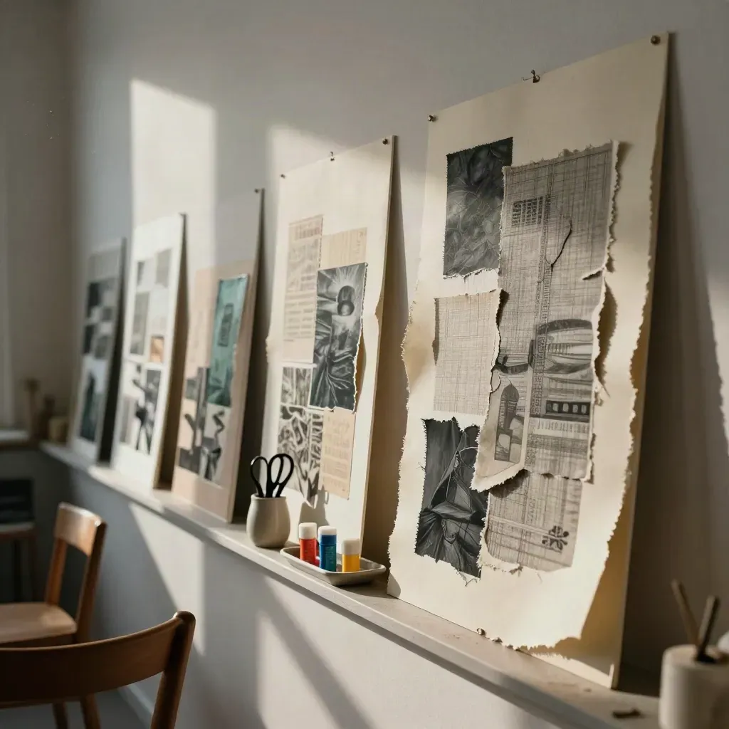 Muro de estudio con collages terminados, tijeras y barras de pegamento, con sillas apartadas.
