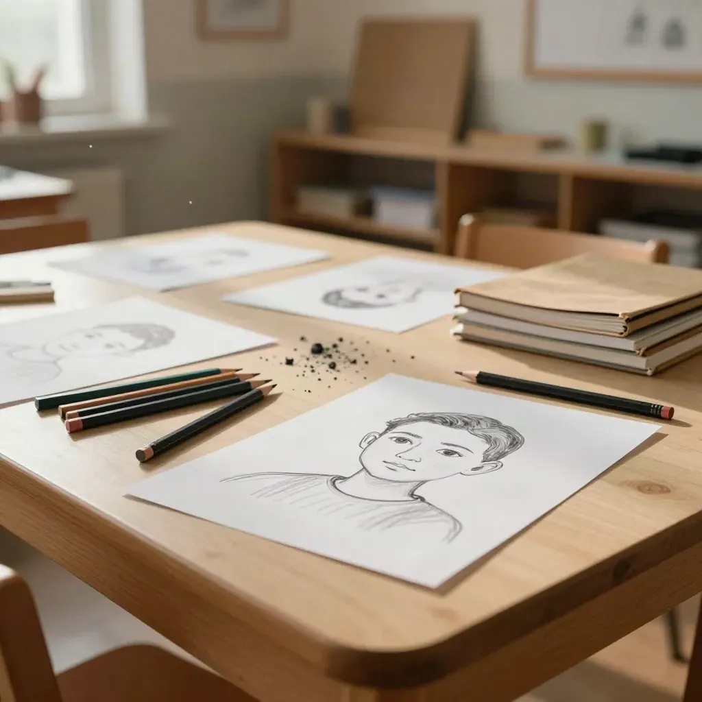 Mesas de clase con dibujos infantiles secándose, lápices afilados y cuadernos apilados en luz cálida.