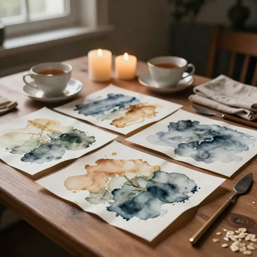 Láminas de acuarela secándose con tazas, velas y servilletas de lino sobre una mesa de estudio.