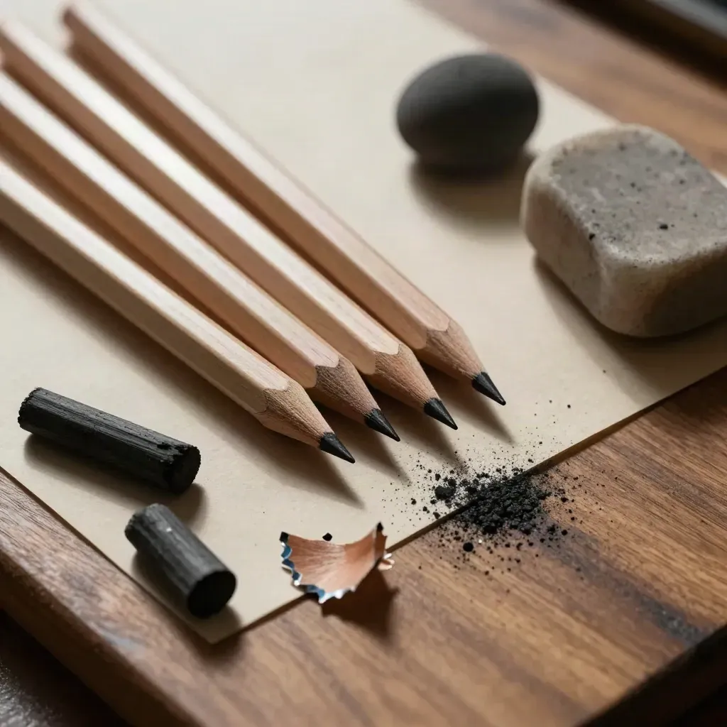 Kit de dibujo con lápices de grafito, carboncillo, goma maleable y virutas sobre papel entonado.