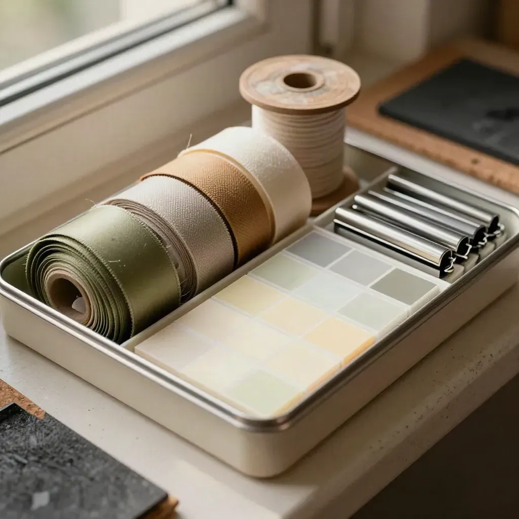 Kit de coordinación con muestrarios, cintas, clips y tabs sobre fondo crema.