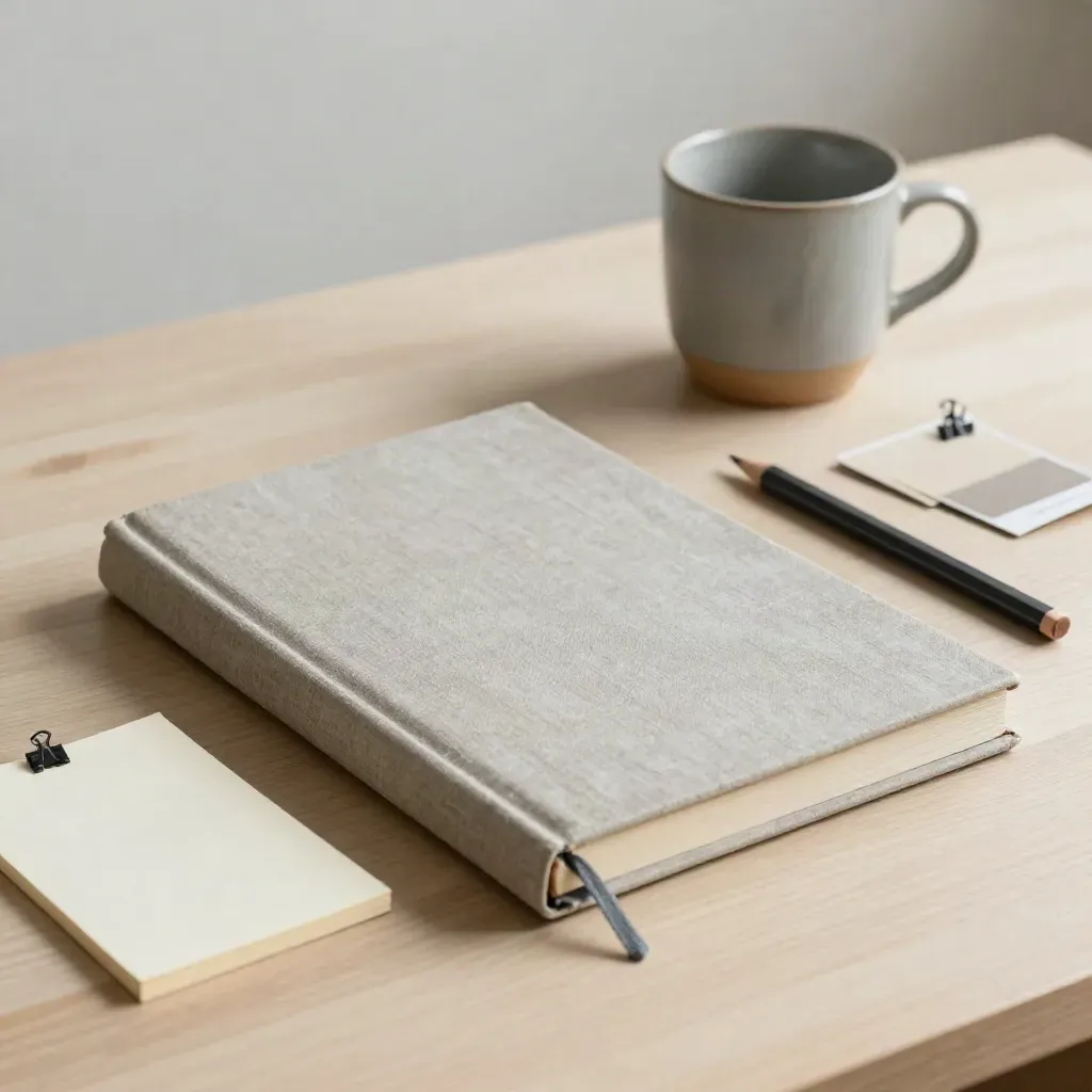 Cuaderno cerrado, lápiz, taza y carta de color sobre madera clara, estilo editorial.