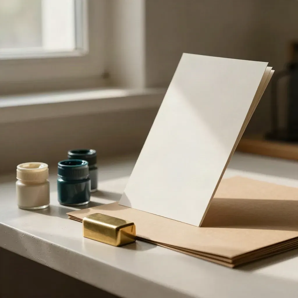 Tarjetas de muestra, botes de pintura y carpeta kraft sobre fondo claro en un estudio.