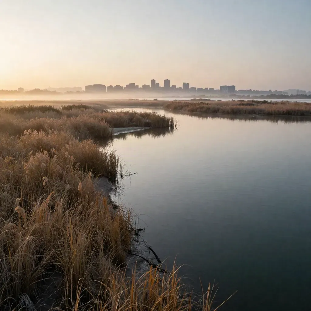 Marismas de la Albufera al amanecer, con juncos, agua calma y el horizonte de Valencia entre la bruma.