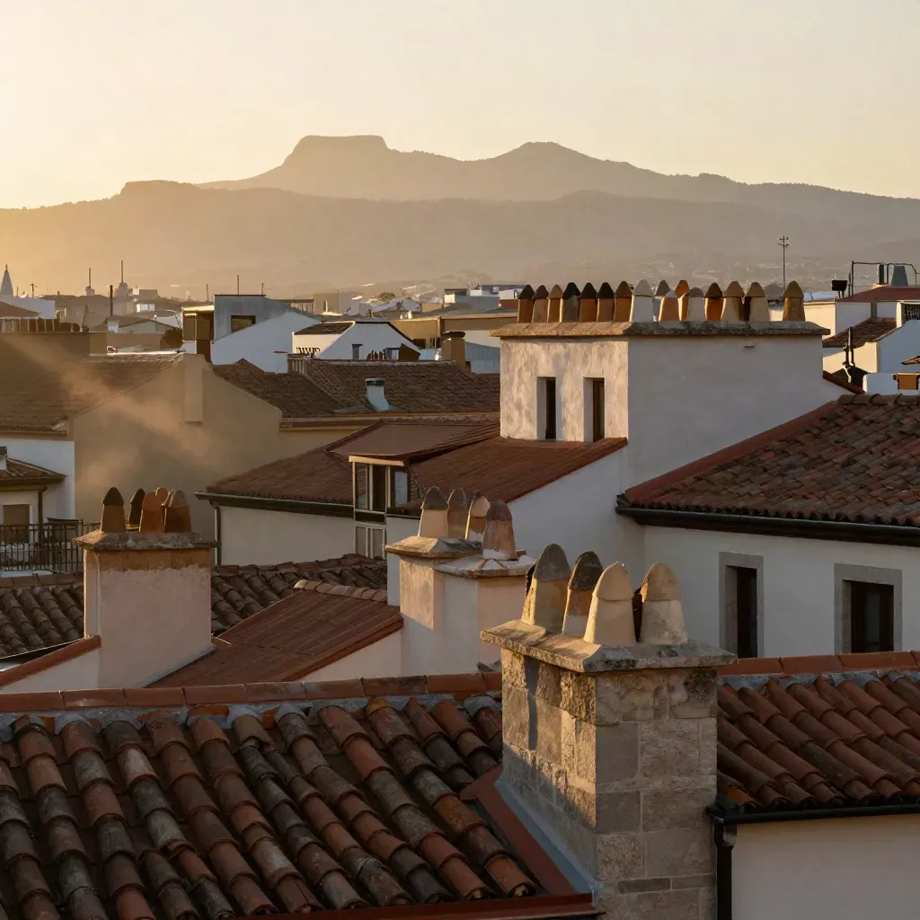 Horizonte de Madrid con tejados de granito y Sierra de Guadarrama al fondo, en luz cálida.