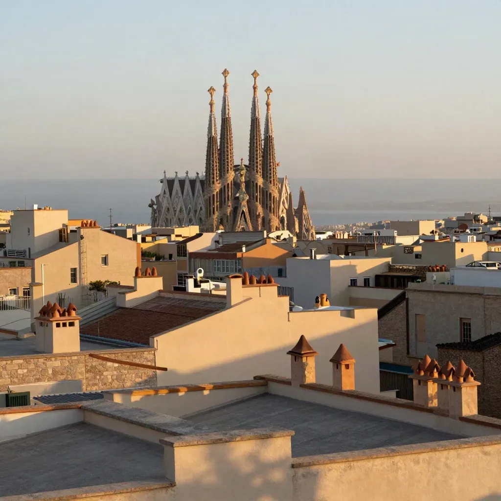 Barcelona al atardecer con la Sagrada Família sobre tejados y bruma marina.