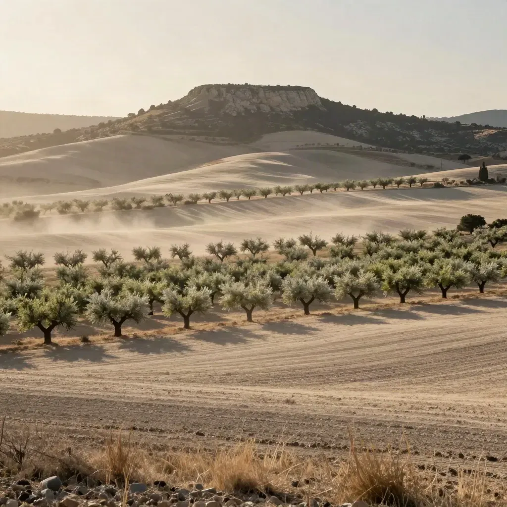 Almendros secos y estepa polvorienta con una loma caliza a lo lejos.